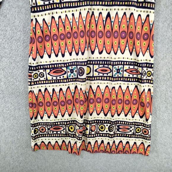 Trina Turk Sheath Dress Womens Size 0 100% Silk Orange Blue Tribal Print Bell - Picture 3 of 12
